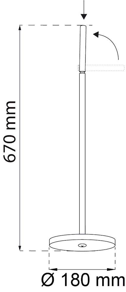 Ritning av toalettpappershållare med måtten 670 mm hög och en bas med Ø 180 mm.