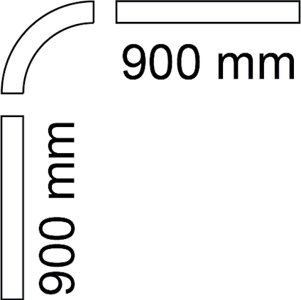 En ritning visar två linjer som möts i en 90-graders vinkel, båda är markerade som 900 mm långa.