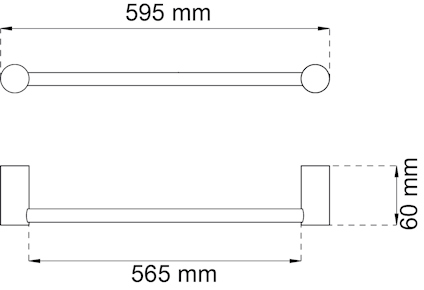 Linjeskiss av ett räcke med mått: 595 mm (yttre bredd), 565 mm (inre bredd), 60 mm (höjd).