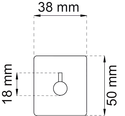 Ritning av en fyrkantig platta, 50 mm hög och 38 mm bred med ett centralt hål, diametern 18 mm.