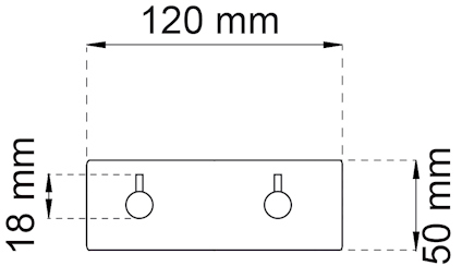 Rektangel med måtten 120 mm x 18 mm, två cirklar inuti, bredd 50 mm.