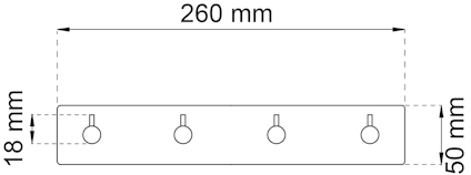 Rektangel med fem cirklar och mått: 260 mm bredd, 18 mm höjd, 50 mm djup.