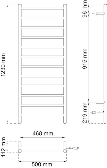 Ritning av en väggmonterad handdukstork med mått: 1230 mm hög, 500 mm bred, 96 mm djup.