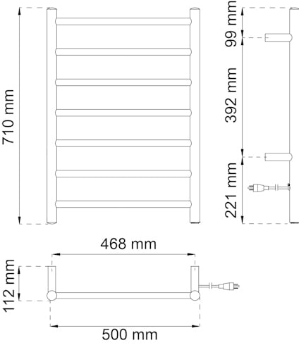 Ritning av handdukstork med dimensioner: 710x500 mm, djup 112 mm; anslutning på höger sida.
