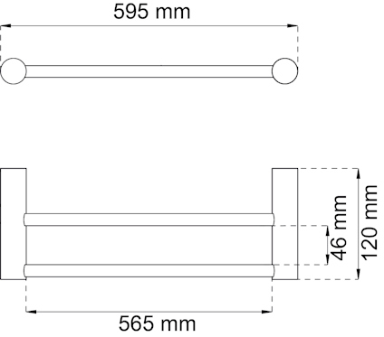 Ritning av ett avlångt objekt med måtten 595 mm och 565 mm i bredd, 120 mm i höjd och 46 mm i tjocklek.