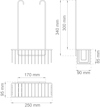 Ritning av duschkorg med mått: 250x170x95 mm. Total höjd inklusive krokar: 340 mm, djup: 90 mm.