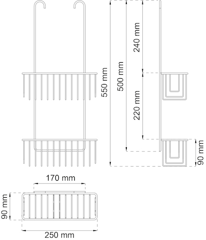 Ritning av duschhylla med mått, visas framifrån och från sidan. Mått är 550x250x90 mm.