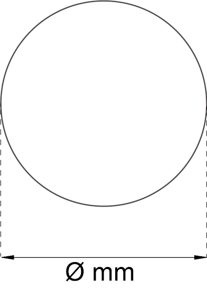 Diagram av en cirkel med texten "Ø mm" under som anger diameter utan specifik måttenhet.