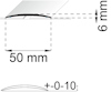 Illustration av en böjd glasskiva, 50 mm bred, 6 mm hög, med toleranser ±0–10 mm.
