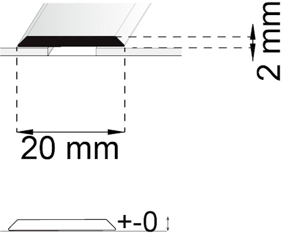 Illustration av en detalj med dimensionerna 20 mm och 2 mm, med texten "+-0".