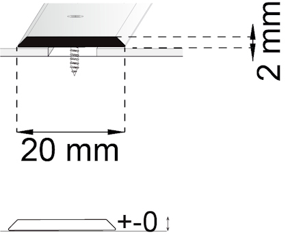 Diagram av monteringsdetalj som visar 20 mm mellanrum och 2 mm tjocklek, med centralt placerad skruv.