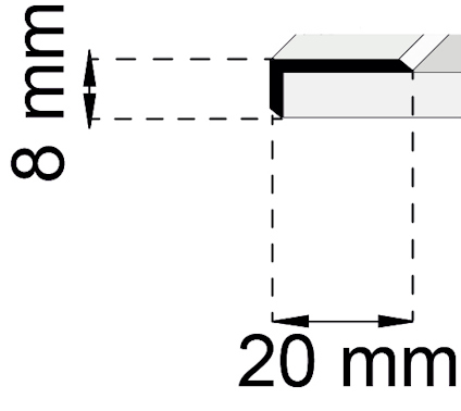 3D-ritning av en rektangulär prisma med dimensionerna 8 mm i höjd och 20 mm i bredd, markerade med pilar.
