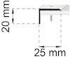 Teckning av L-formad metallprofil med dimensioner 20 mm x 25 mm och en skruv monterad i profilens horisontella del.