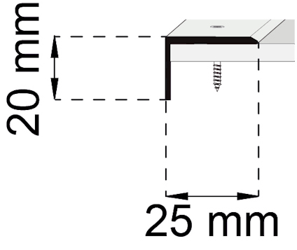 Teckning av L-formad metallprofil med dimensioner 20 mm x 25 mm och en skruv monterad i profilens horisontella del.