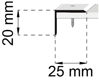 Skiss av en vinkelprofil med dimensionerna 20 mm x 25 mm och synlig skruv för montering.
