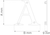 Ritning av bokstaven "A" med måtten A mm och B mm, samt en sidovy som visar tjockleken 9 mm.