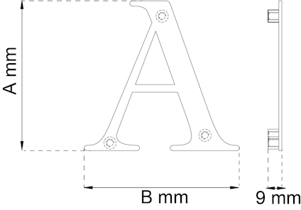 Ritning av bokstaven "A" med måtten A mm och B mm, samt en sidovy som visar tjockleken 9 mm.