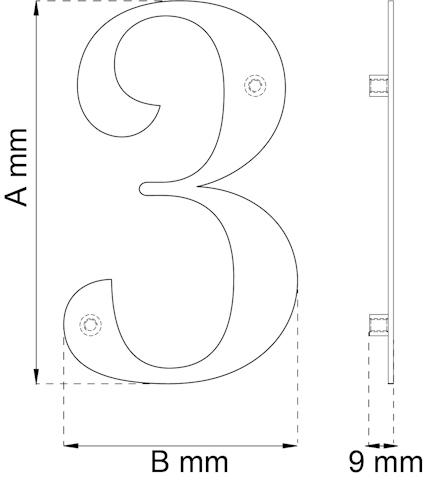 Illustration av siffra 3 med måttangivelser A mm, B mm, och djup 9 mm.
