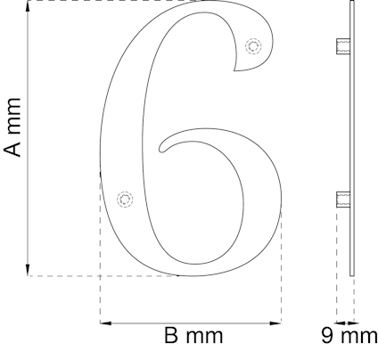 Ritning av en siffra 6 med mått: höjd A mm, bredd B mm, och tjocklek 9 mm.