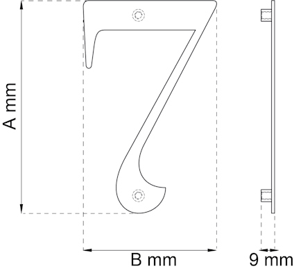 Ritning av siffran 7 med måttangivelser: A mm, B mm, sidovy visar tjocklek 9 mm.