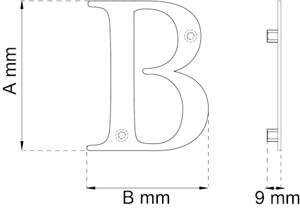 Ritning av bokstaven "B" med mått A mm och B mm, samt 9 mm djupt.