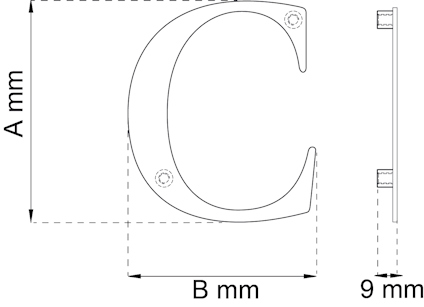 Teknisk ritning av bokstaven C med dimensioner A mm och B mm, samt djup 9 mm.