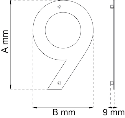 Konturteckning av siffran 9 med måtten A mm och B mm. Profilsnitt visar en tjocklek på 9 mm.