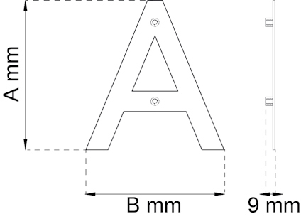 En stor bokstav "A" med bredd "B mm" och höjd "A mm", samt tjocklek 9 mm i sidovy.