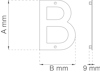 Ritning av bokstaven B med måttspecifikationer A mm, B mm och tjocklek 9 mm.