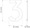 Siffra "3" i metall med dimensionerna A mm och B mm, tjocklek 9 mm.