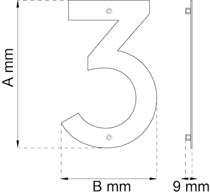 Siffra "3" i metall med dimensionerna A mm och B mm, tjocklek 9 mm.