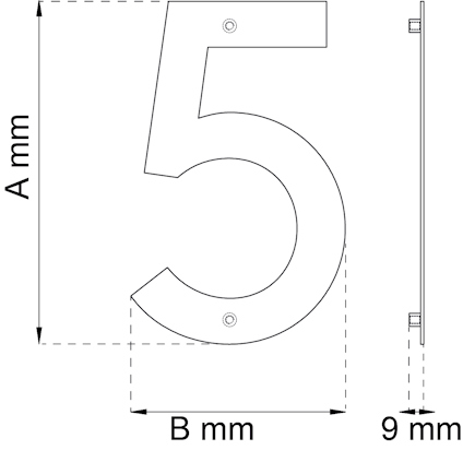 Teckning av en siffra 5 med måttangivelser, tjocklek 9 mm, höjd A mm, bredd B mm.