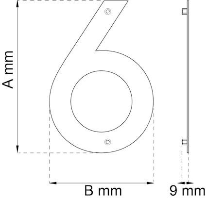 Ritning av siffran "6" med måtten A mm höjd och B mm bredd, visas även från sidan med tjockleken 9 mm.