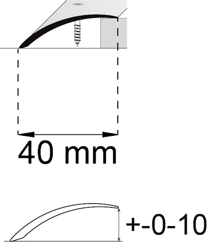 Illustration av en skruv vid kanten av en böjd platta med mått 40 mm och tolerans +0-10 mm.