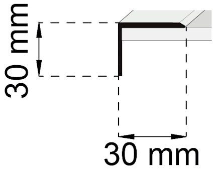 Skiss som visar en 30 mm x 30 mm hörnprofil med streckade linjer och måttangivelser.