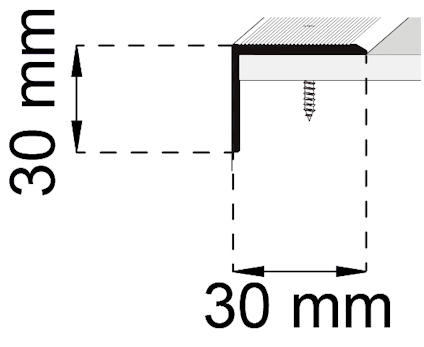 Diagram av en hörnprofil med mått 30 x 30 mm, skruv visas i profilens ena sida.