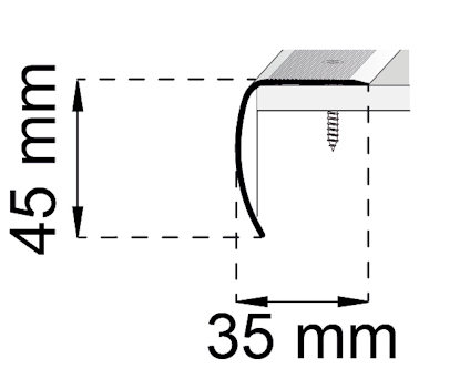 Diagram av en skruvad metallprofil, vinklad 90 grader, med måtten 45 mm och 35 mm markerade.