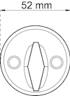 Ritning av ett runt objekt med två hål och en central vridknapp. Diameter anges som 52 mm.