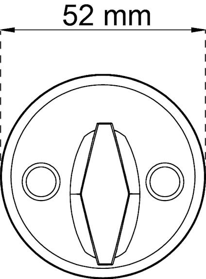 Ritning av ett runt objekt med två hål och en central vridknapp. Diameter anges som 52 mm.