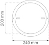 Ritning av en cirkulär form med två hål, diametern är 240 mm och höjden är 200 mm.