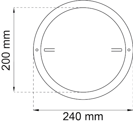 Ritning av en cirkulär form med två hål, diametern är 240 mm och höjden är 200 mm.
