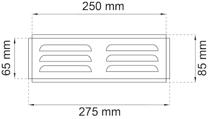 Diagram av en rektangulär ventilationsgaller med måtten 275 x 85 mm och en öppning på 250 x 65 mm.