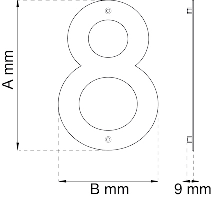 Cirkelformad siffra "8" med dimensioner A mm och B mm, tjocklek 9 mm, två monteringshål.