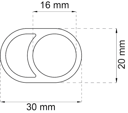Måttskiss av en oval form med dimensionerna 16 mm, 20 mm och 30 mm.