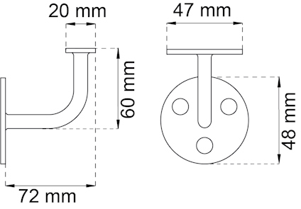 Ritning av väggfäste med mått: 72 mm längd, 60 mm höjd, 20 mm toppbredd, 47 mm djup, och platta 48 mm hög.