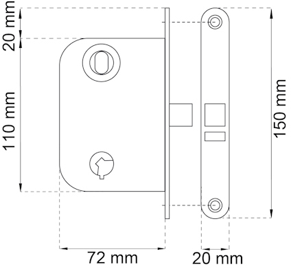 Ritning av lås med mått: 150x110x72 mm. Två runda nyckelhål och en rektangulär del markerade.