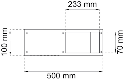 Rektangulär ritning med måtten 500 mm x 100 mm och en inre rektangel 233 mm x 70 mm.