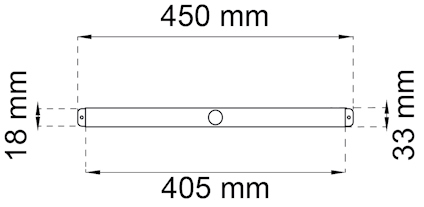 Ritning av en rektangulär stav med måtten 450 mm, 405 mm, 18 mm och 33 mm, samt en cirkulär markering i mitten.