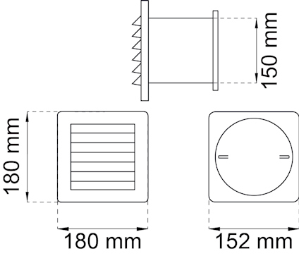 Diagram showing a square vent with dimensions: 180mm x 180mm, a depth of 150mm, and a circular rear diameter of 152mm.