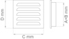 Diagram av ventilationsgaller med måttangivelser C mm, D mm, och A+B mm.